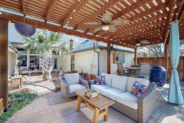 view of patio / terrace featuring a ceiling fan, grilling area, fence, outdoor dining area, and outdoor lounge area