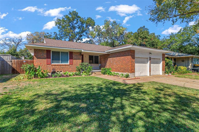 ranch-style home featuring an attached garage, a front yard, fence, and brick siding