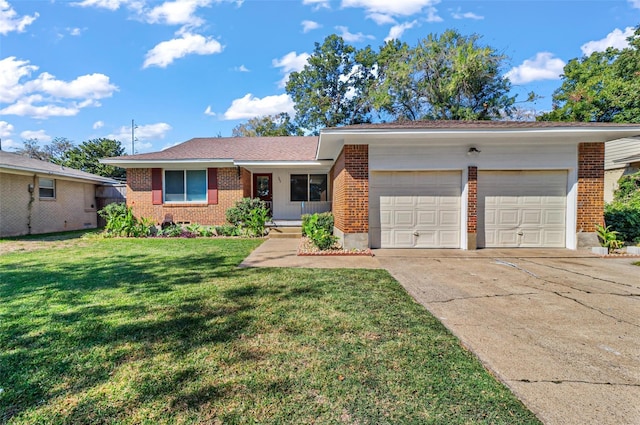 ranch-style house with a garage, a front lawn, concrete driveway, and brick siding