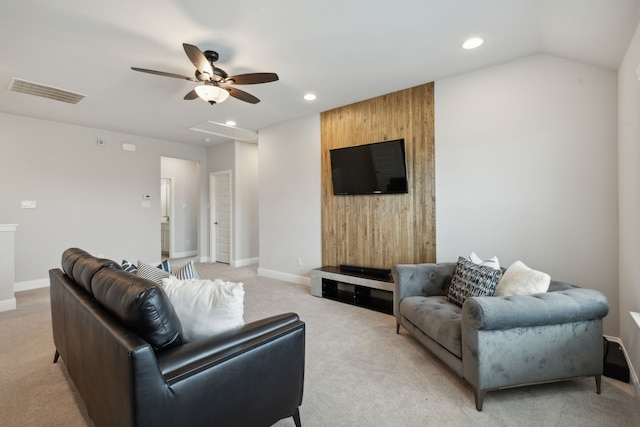 living room featuring recessed lighting, visible vents, light carpet, and baseboards