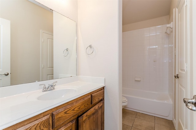 full bathroom with toilet, shower / bathtub combination, vanity, and tile patterned floors