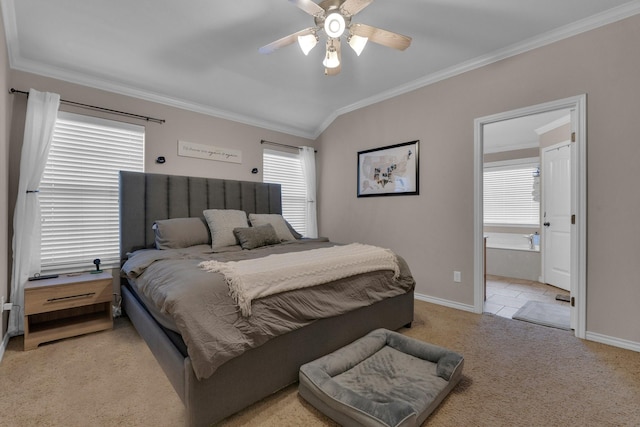 bedroom featuring light carpet, multiple windows, and crown molding