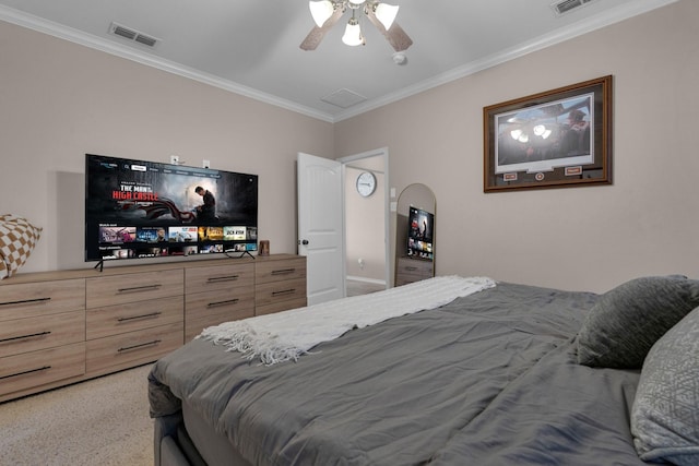 bedroom featuring ceiling fan, visible vents, and crown molding