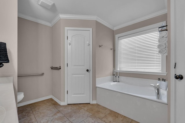 full bathroom featuring baseboards, toilet, a bath, ornamental molding, and a closet