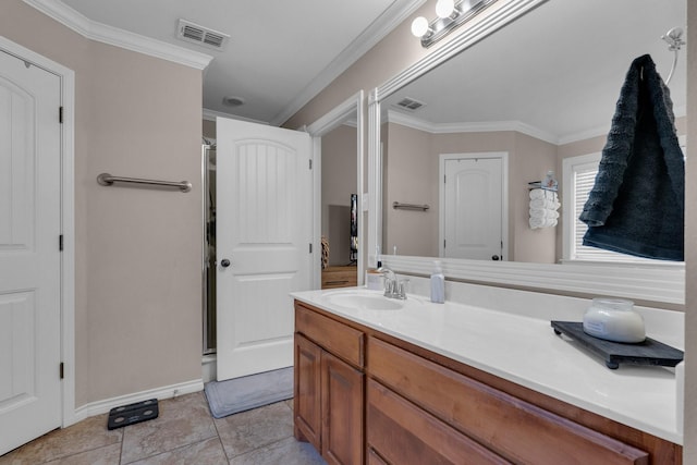 full bath featuring a stall shower, visible vents, and crown molding