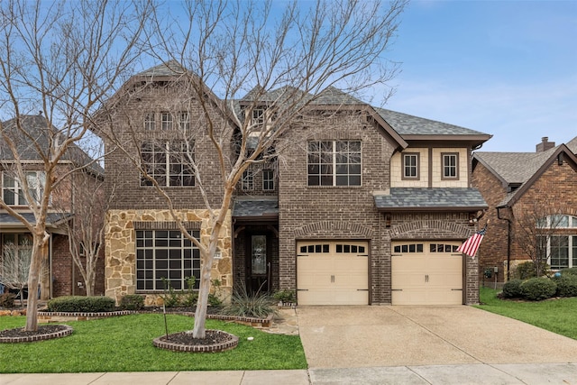 view of front facade featuring driveway, brick siding, roof with shingles, and a front yard