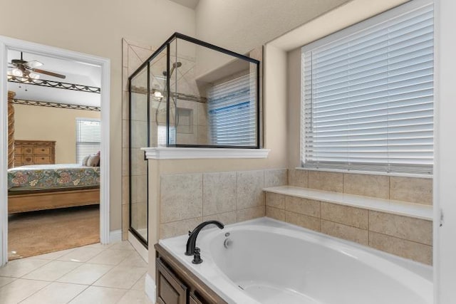 bathroom with ceiling fan, a garden tub, connected bathroom, tile patterned floors, and a stall shower