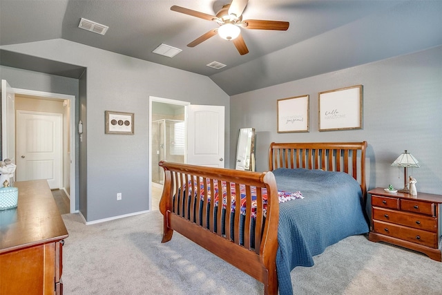 bedroom featuring vaulted ceiling, a ceiling fan, visible vents, and light colored carpet