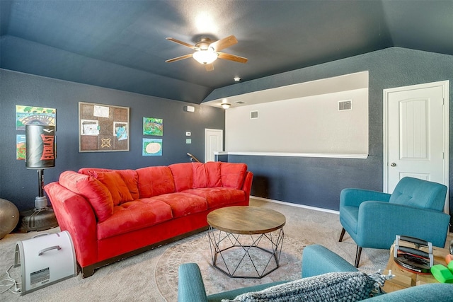 living room with lofted ceiling, carpet floors, visible vents, and a ceiling fan