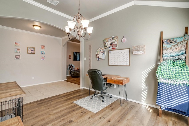 office area with visible vents, arched walkways, wood finished floors, an inviting chandelier, and crown molding