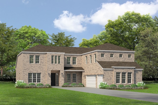 view of front facade featuring a front lawn, a garage, brick siding, and aphalt driveway