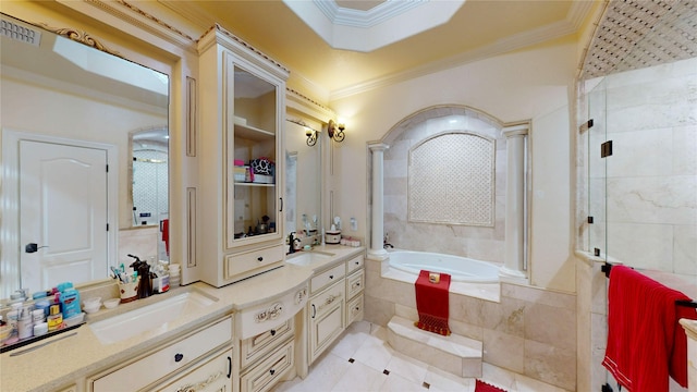 bathroom with crown molding, visible vents, a stall shower, a sink, and a bath