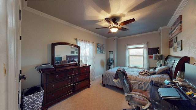 bedroom with light carpet, ornamental molding, and a ceiling fan