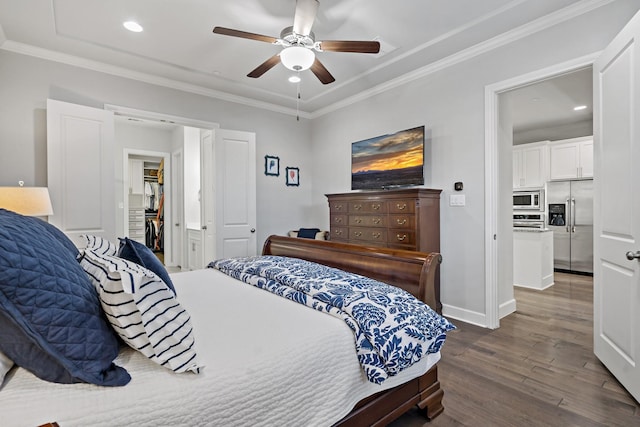 bedroom featuring dark wood finished floors, stainless steel refrigerator with ice dispenser, recessed lighting, ornamental molding, and baseboards