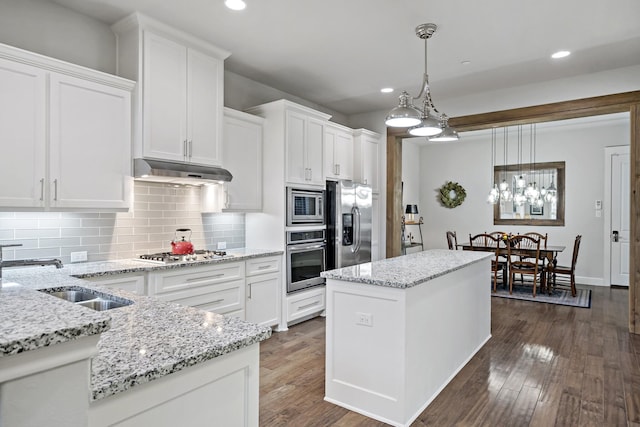 kitchen featuring under cabinet range hood, stainless steel appliances, dark wood-type flooring, a sink, and backsplash