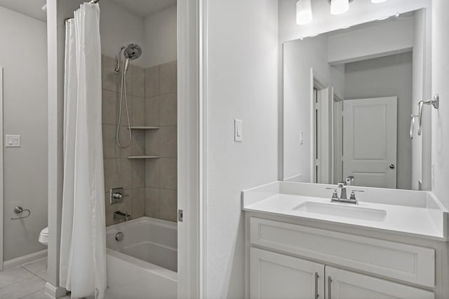 full bathroom with shower / tub combo with curtain, vanity, toilet, and tile patterned floors