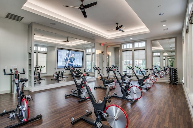 exercise room with a healthy amount of sunlight, visible vents, and a raised ceiling