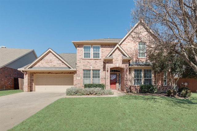 view of front of property with a garage, driveway, brick siding, and a front lawn