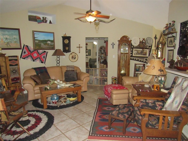 tiled living room featuring lofted ceiling and ceiling fan