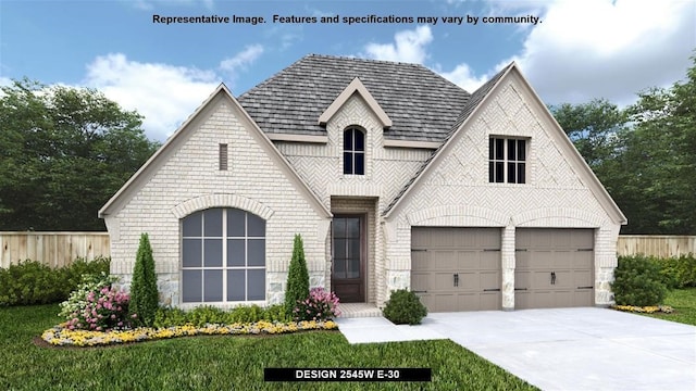 french provincial home with driveway, a garage, fence, and brick siding