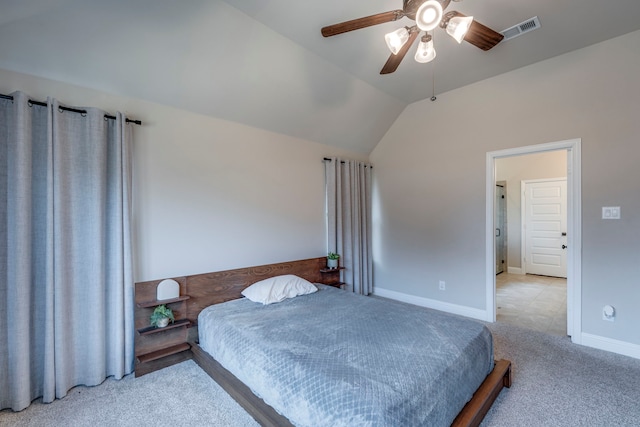 bedroom with light colored carpet, visible vents, vaulted ceiling, ceiling fan, and baseboards