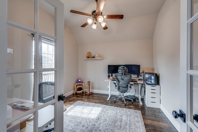 office featuring baseboards, vaulted ceiling, a ceiling fan, and french doors