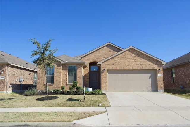 ranch-style house featuring concrete driveway, brick siding, and a garage