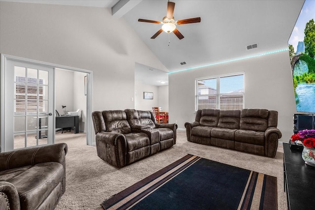 carpeted living room featuring high vaulted ceiling, visible vents, beamed ceiling, and ceiling fan