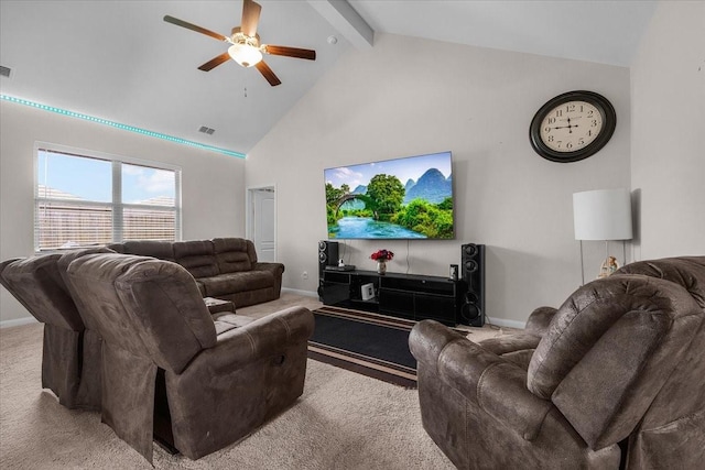 living room featuring high vaulted ceiling, baseboards, visible vents, and beam ceiling