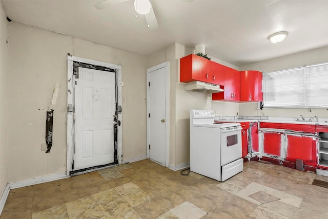 kitchen featuring white electric range oven, baseboards, red cabinetry, a ceiling fan, and under cabinet range hood