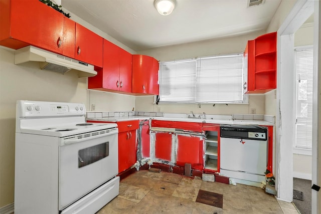 kitchen featuring dishwashing machine, red cabinetry, under cabinet range hood, open shelves, and white range with electric cooktop