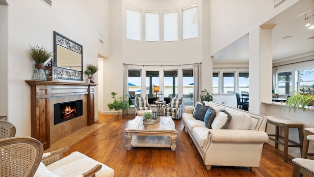 living room featuring a fireplace with flush hearth, plenty of natural light, wood finished floors, and a water view