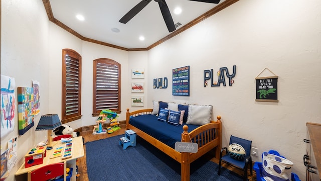 bedroom with crown molding, recessed lighting, a textured wall, a ceiling fan, and wood finished floors