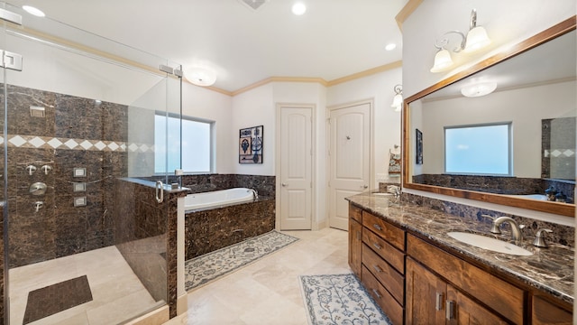 full bath with a garden tub, a sink, ornamental molding, tiled shower, and double vanity