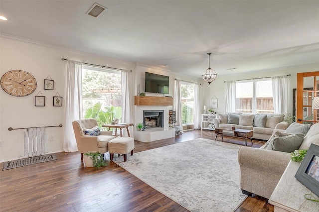 living area with a chandelier, a large fireplace, dark wood-style flooring, visible vents, and ornamental molding