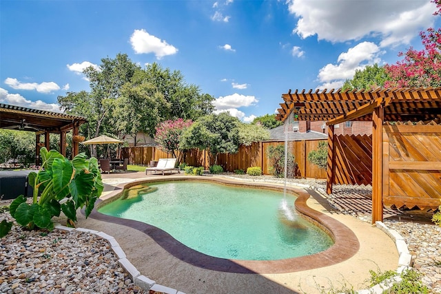 view of swimming pool with a fenced backyard, a pergola, a fenced in pool, and a patio