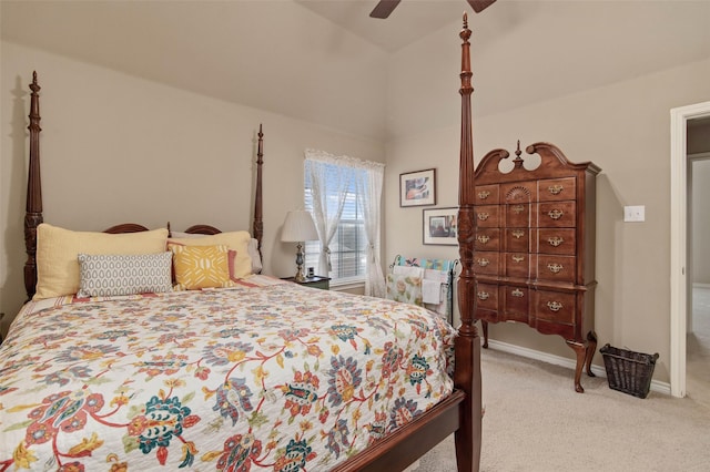 bedroom with baseboards, a ceiling fan, and light colored carpet