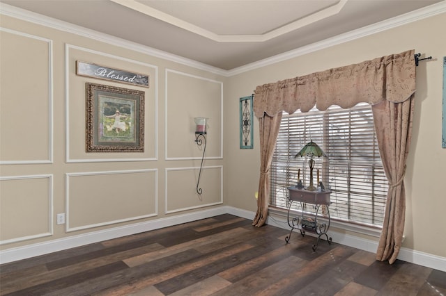 interior space featuring dark wood-style floors, crown molding, a raised ceiling, a decorative wall, and baseboards