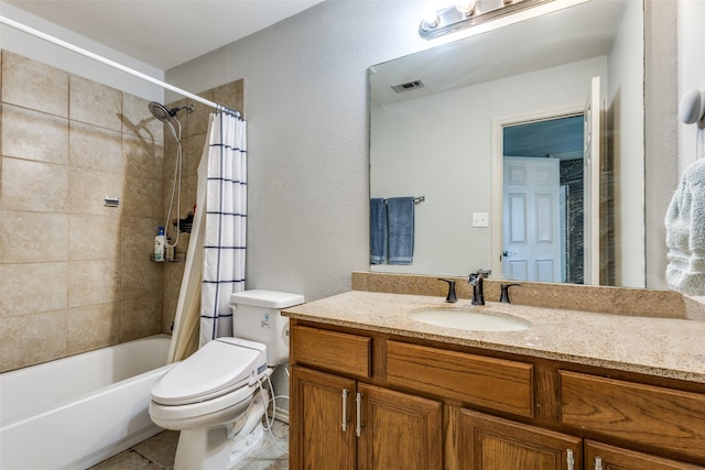 full bath with visible vents, toilet, tile patterned flooring, shower / bath combination with curtain, and vanity