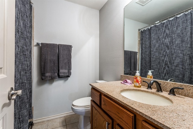 bathroom with visible vents, baseboards, toilet, tile patterned flooring, and vanity