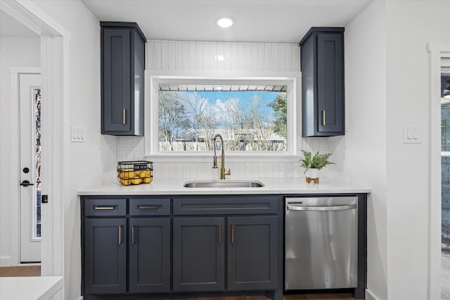 bar with stainless steel dishwasher, recessed lighting, a sink, and decorative backsplash