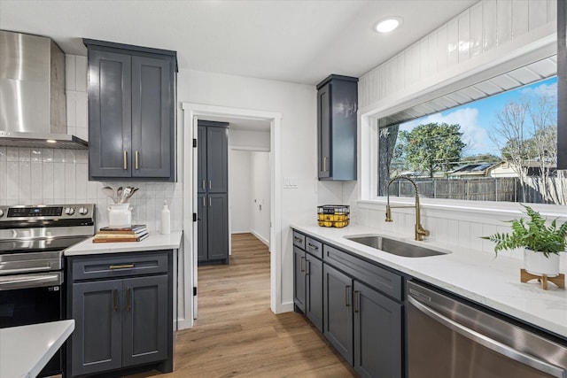 kitchen with appliances with stainless steel finishes, a sink, wall chimney range hood, and tasteful backsplash