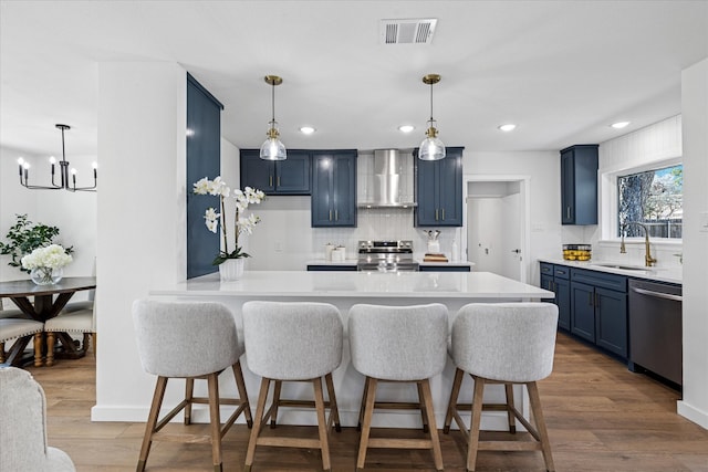 kitchen with visible vents, appliances with stainless steel finishes, a sink, wall chimney range hood, and blue cabinets