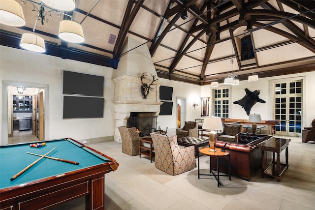 game room featuring high vaulted ceiling, a fireplace, billiards, and beam ceiling