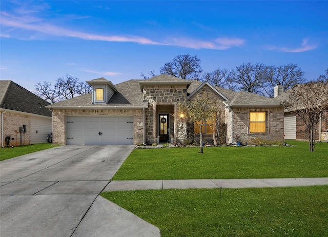 french provincial home featuring a garage, concrete driveway, roof with shingles, a yard, and brick siding