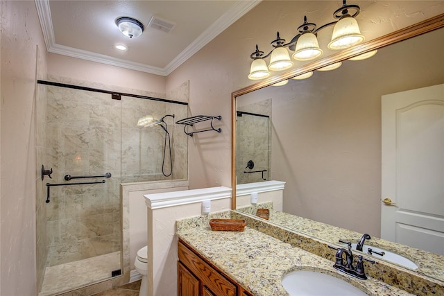 full bath with toilet, a stall shower, visible vents, and ornamental molding