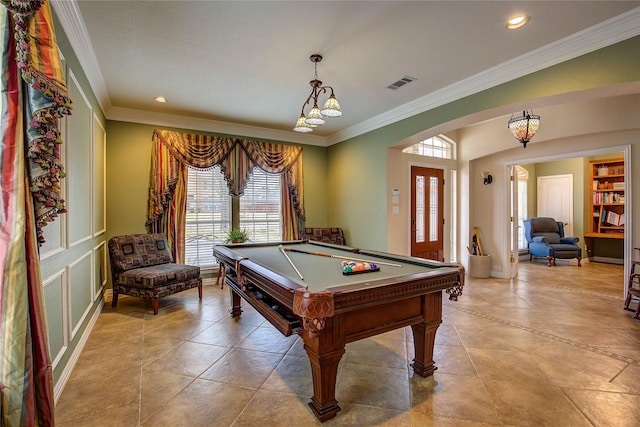 rec room featuring light tile patterned floors, billiards, visible vents, crown molding, and recessed lighting