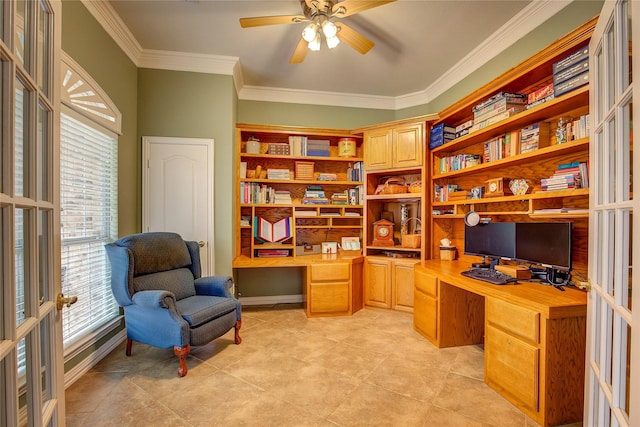 office space featuring light tile patterned floors, built in study area, ceiling fan, ornamental molding, and french doors