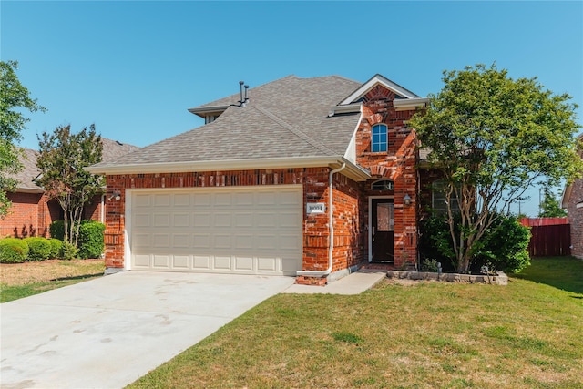 traditional-style home featuring brick siding, a shingled roof, an attached garage, driveway, and a front lawn