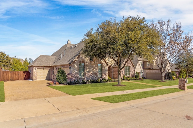 view of front of home with a garage, brick siding, fence, driveway, and a front lawn